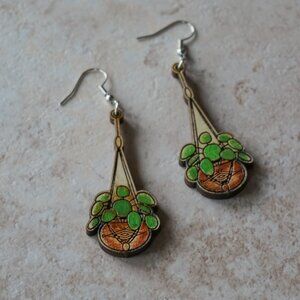 Boho Plant Earrings | Wood Handpainted Pilea Earrings | Hanging Basket Jewelry